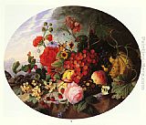 Ledge Canvas Paintings - Still Life With Fruit and Flowers on a Rocky Ledge